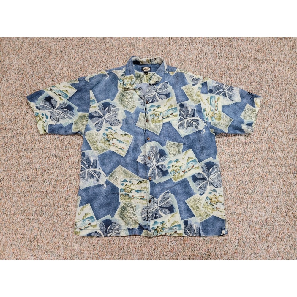 Tommy Bahama Shirt Mens Large Blue Linen Mauna Kea Hawaiian Aloha Tiki Resort